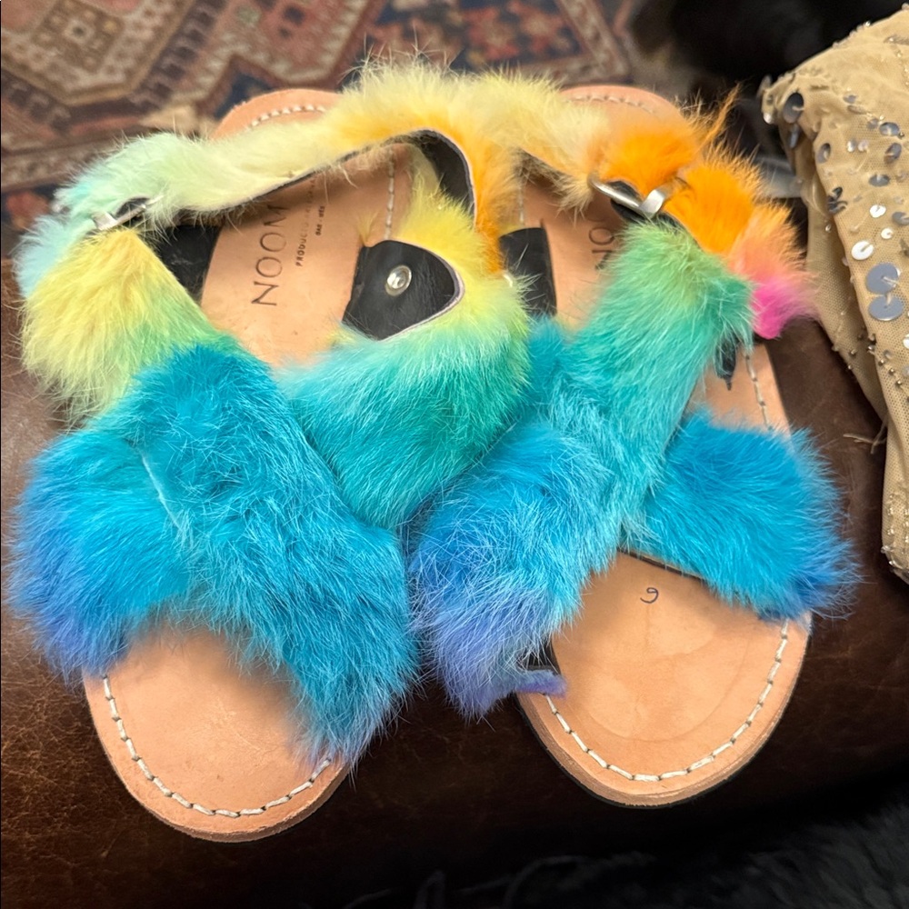 Colorful Rabbit Fur & Leather Sandals